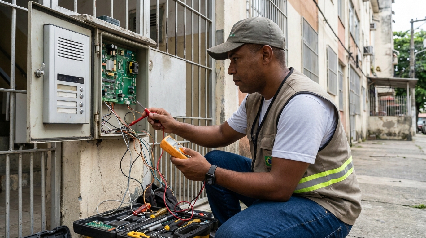 Eletricista consertando interfone em Duque de Caxias‑RJ