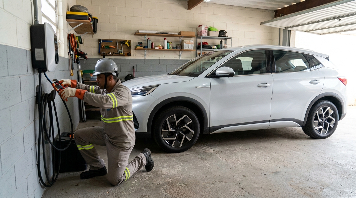 Eletricista instalando carregador de carro eletrico em Duque de Caxias‑RJ