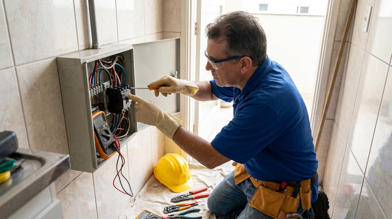 Eletricista instalando disjuntor em Duque de Caxias‑RJ
