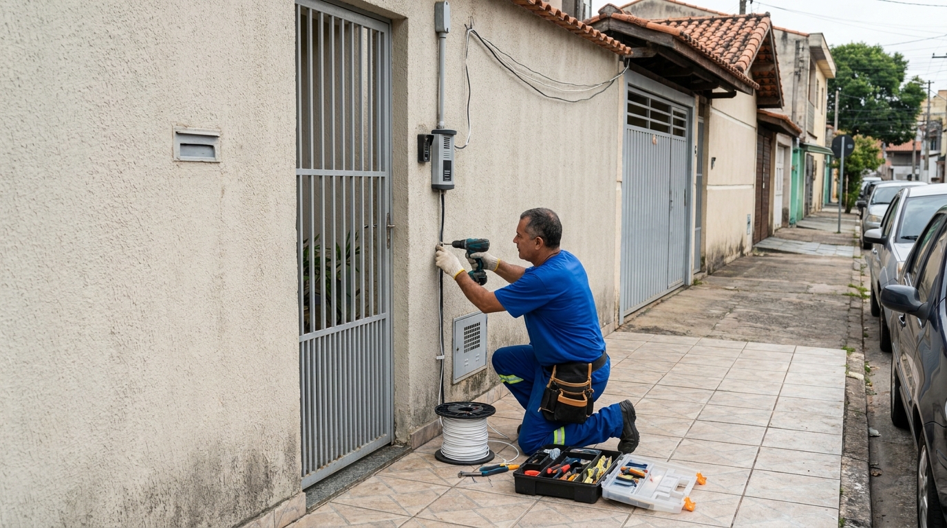 Eletricista instalando interfone em Duque de Caxias‑RJ