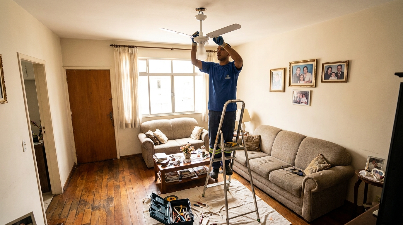 Eletricista instalando ventilador de teto em Duque de Caxias‑RJ